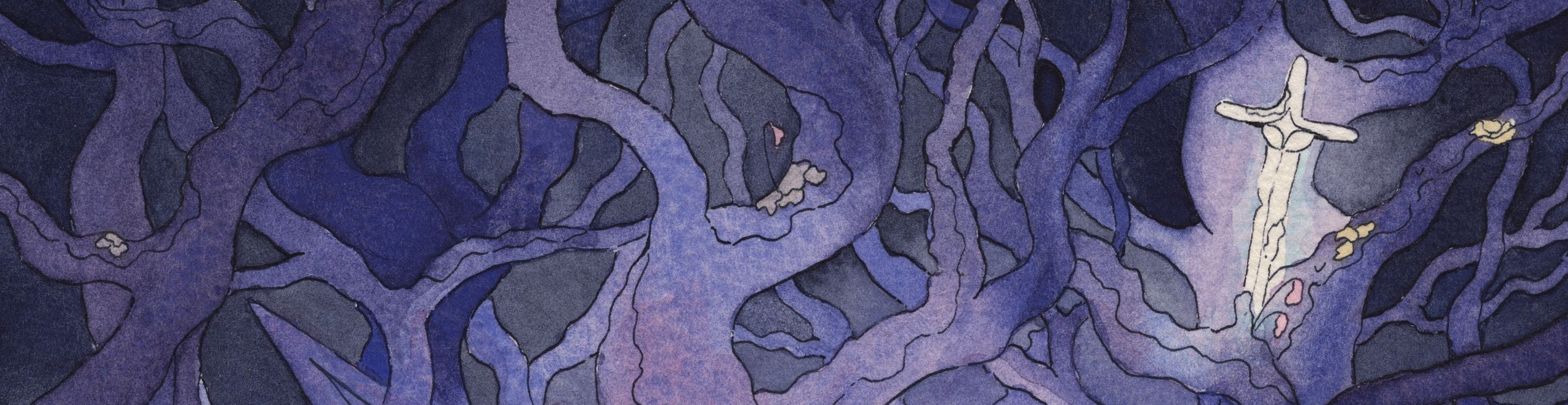 Watercolor-style artwork showing a dark, swirling forest of twisted tree branches in shades of purple, blue, and black, with a pale face emerging from the center and a glowing cross-like figure near the upper right.